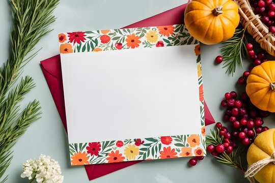 empty thanks giving day greeting card celebrating day mockup with a white paper list on the colored 