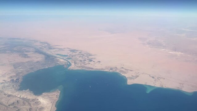 Suez Canal. View from the window of the aircraft. Aerial photography.