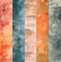 Abstract watercolor background with a vibrant mix of orange and blue hues, accented with halftone patterns and dynamic splatters