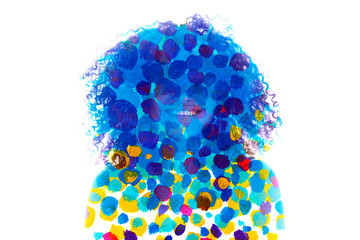 A full-front double exposure paintography portrait of a young smiling woman - 734964007
