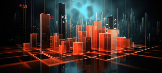 Futuristic Cityscape with Glowing Financial Graphs