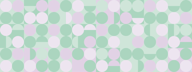 Seamless trendy green and lavender background with circles and squares for textiles or covers. Mosaic with purple and pistachio geometric shapes texture, template for web intro.