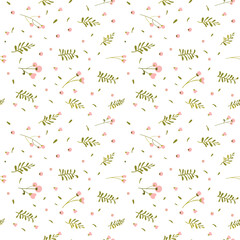 Botanical seamless pattern hand drawn. White background with delicate flowers and leaves. Minimalist style. Blooming cotton. Vector illustration.