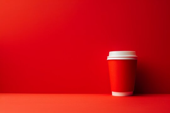 Minimalistic red paper coffee cup on red background with space for text