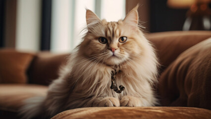 Adorable fluffy white cat in cozy home sitting on velvet sofa
