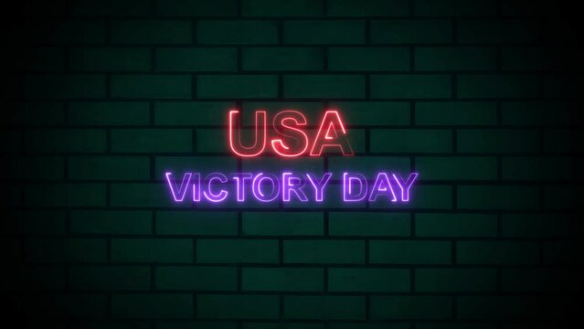 Abstract glowing neon USA Victory Day red, purple color text animation. Brick background 4k video.