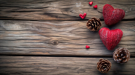 Rustic wooden background with red heart-shaped decorations and pine cones, copy space, perfect for Valentine's Day themed designs or love-related content. High quality illustration