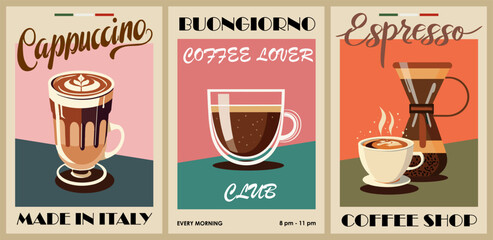 Coffee poster design set in retro mid century modern style. Label collection, template for coffee shop. Vintage vector illustrations of coffee, cappuccino cups top view. Coffee shop sign, logo, banner