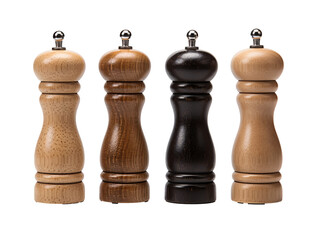 a group of wooden pepper grinders