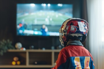 child in sports gear, watching an intense match on the tv - obrazy, fototapety, plakaty