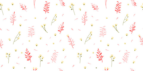 Botanical seamless pattern hand drawn. White background with delicate flowers and leaves. Minimalist style. Vector illustration.