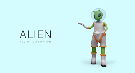 3D green alien in silver space suit. Friendly humanoid is demonstrating something