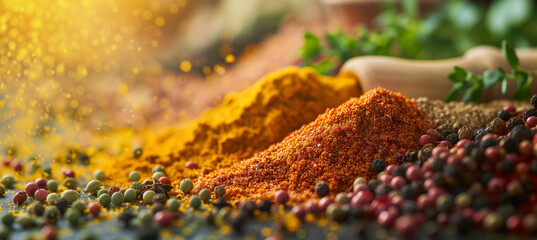 Vibrant close-up of colorful spices and herbs with dynamic lighting and textures - obrazy, fototapety, plakaty