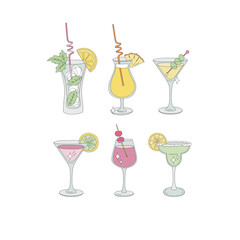 Groovy retro party old fashioned cocktails mojito pina colada margarita dry martini cosmopolitan vector illustration set isolated on white. Classic alcoholic beverage aperetif drinks in different