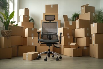 Stack of cardboard boxes with stuff and office chair in empty office room. Moving to new office, relocating, crisis, remote working, start new business, e-commerce concept