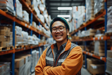 Fototapeta na wymiar Warehouse Asian Employee in Storage Aisle with full shelves