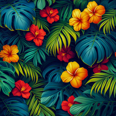 Tropical rainforest leaves and flowers as background, ai generated