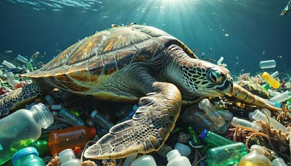 Foto op Plexiglas Sea turtle in the ocean swims on plastic in its natural habitat polluted by garbage and plastic waste - ai generated © Christoph Burgstedt