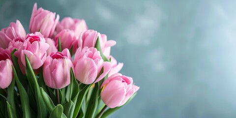 spring flowers banner - bunch of pink tulip flowers on blue sky background