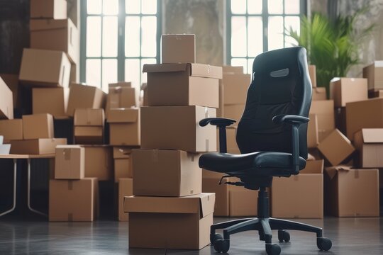 Stack of cardboard boxes with stuff and office chair in empty office room. Moving to new office, relocating, crisis, remote working, start new business, e-commerce concept