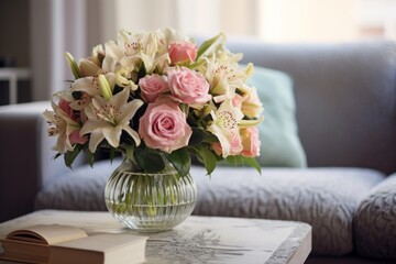 A cozy interior with soft natural light, a coffee table adorned with a stylish bouquet flowers