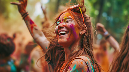 Happy young woman having fun and dancing in crowd at Holi festival of colors, summer party or music...