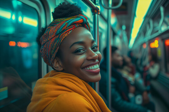 Portrait of a fictional beautiful smiling African-American woman travelling on a fictional subway. Concept of radically real situations that look and feel like authentic moments in daily life.