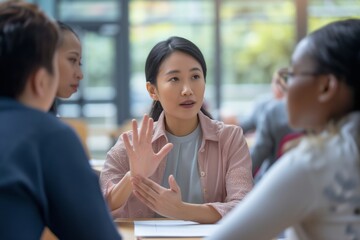 asian woman presenting a report to a diverse group of colleagues - 734966037