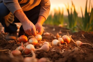 a farmer is harvesting onions