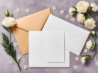 empty mockup with white paper and flowers. greeting card. table top view . envelope and rose. Congratulatory, invitation card with space for text. wedding paper greeting card. holidays festival