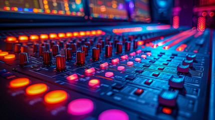 Fototapeta premium Professional audio mixing console in nightclub. Close up of sound equipment