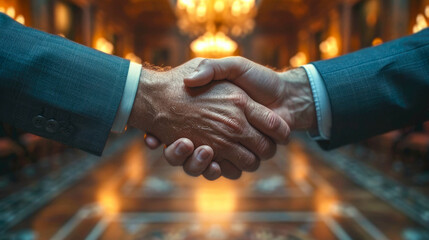 Close-up image of two businessmen shaking hands in a hotel lobby