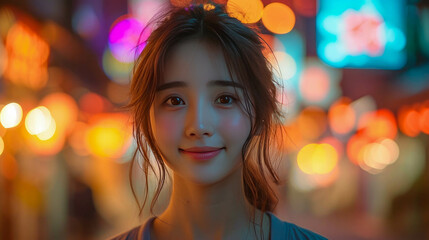 Portrait of a beautiful asian woman with colorful bokeh background