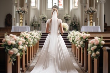A bride standing alone at the altar with bouquet in a church