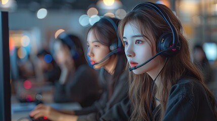 Asian young woman call center operator wearing headphones with a microphone