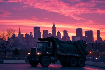 garbage truck with city skyline in the background at sunrise