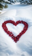 Heart made of red berries on white snow with pine branches in background.