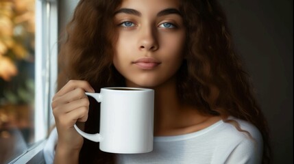 beautiful girl holding a white mug