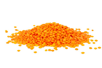 Red lentils isolated on white background. Pile of raw red lentils.