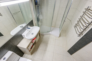 interior apartment room bathroom, sink, decorative elements, toilet. WC, sanitary unit, wash room