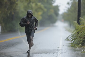 jogger in heavy rain gear braving the hurricane conditions - 734968295