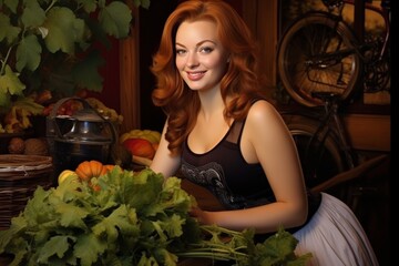 A lady in the style of Renaissance painting, red-haired with large breasts, beautiful, smiling, with long hair, looks at the viewer. Housewife in the kitchen.