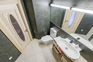 interior apartment room bathroom, sink, decorative elements, toilet. WC, sanitary unit, wash room