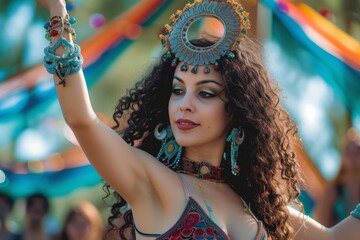 dancer with curled hair and headpiece performing at a festival