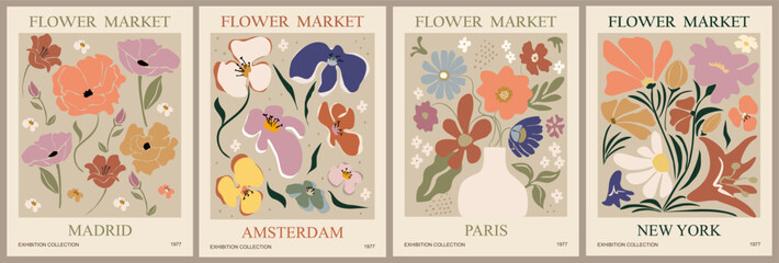 Set of abstract flower market posters. Trendy botanical wall arts with floral design in danish pastel colors. Modern naive groovy funky interior decorations, paintings. Vector art illustration
