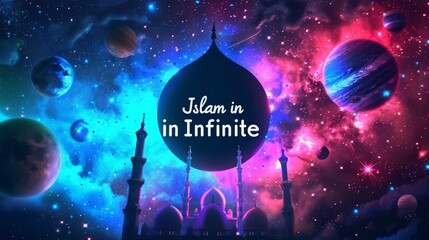 mosque silhouette set against a cosmic background of stars and planets