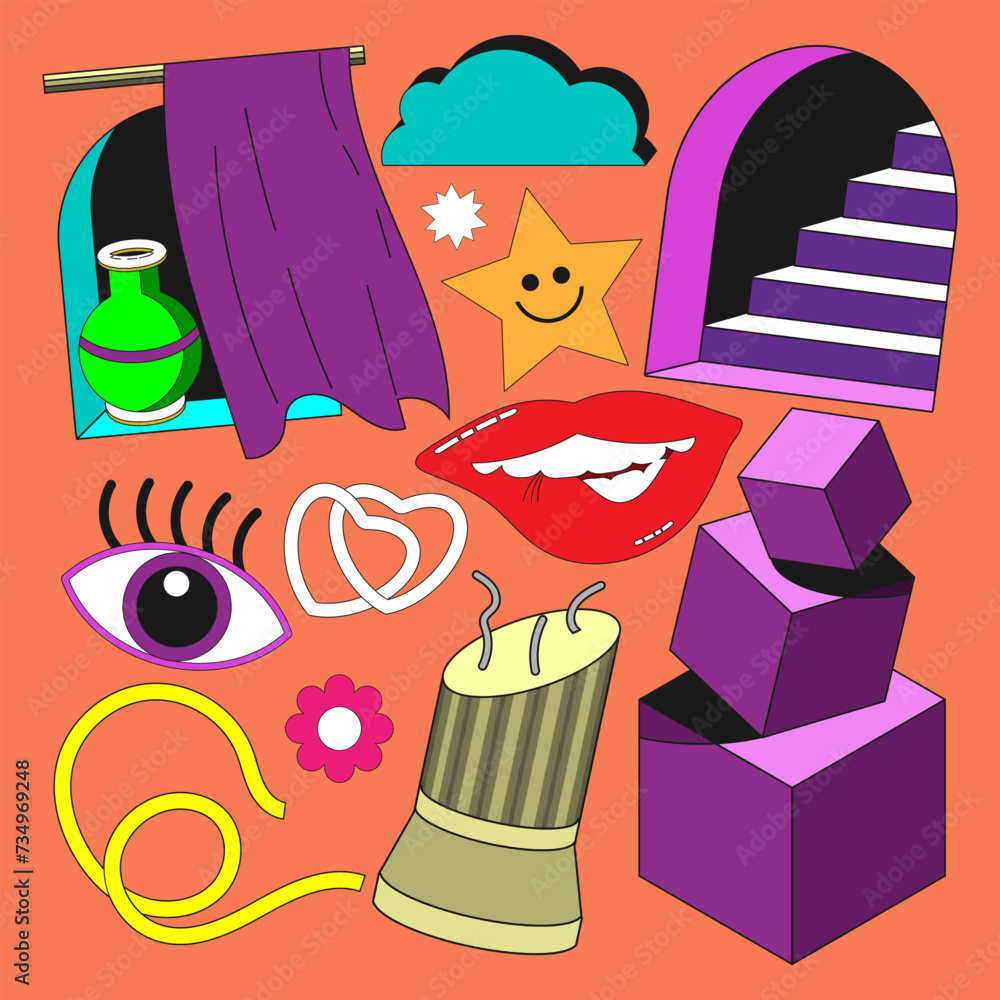 Aufkleber psychedelic objects and geometric shapes. decorative elements for design projects. vector set no. 2