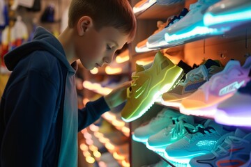 boy choosing sports sneakers with leds