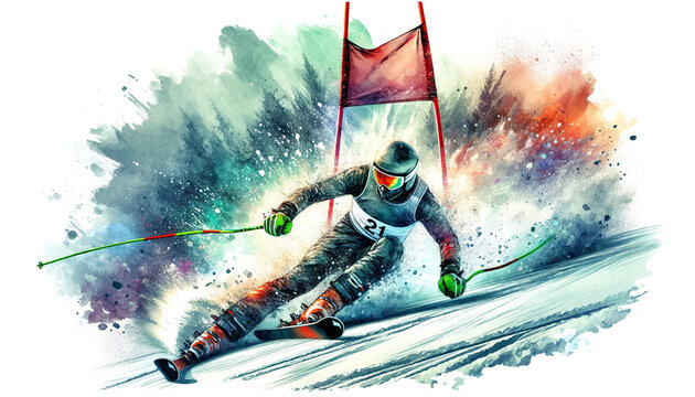 An expressive watercolor illustration of a skier in full gear aggressively maneuvering around a slalom gate, with a dynamic spray of colorful snow.Sport concept.AI generated.