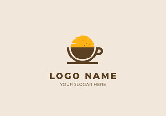 logo coffee cup and sunset with bird fly. Minimalist and modern logo design. Editbale color